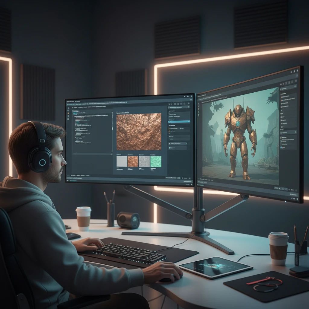 Game artist using AI tools to generate and apply PBR textures, showcasing a streamlined workflow.