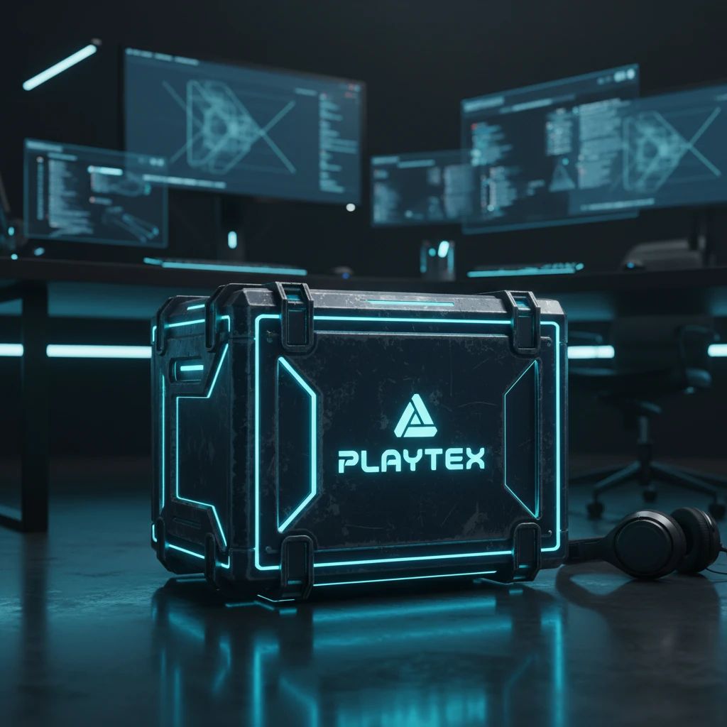 A 3D model of a futuristic sci-fi crate textured with AI-generated PBR materials, showcasing realistic metallic sheen and wear details.