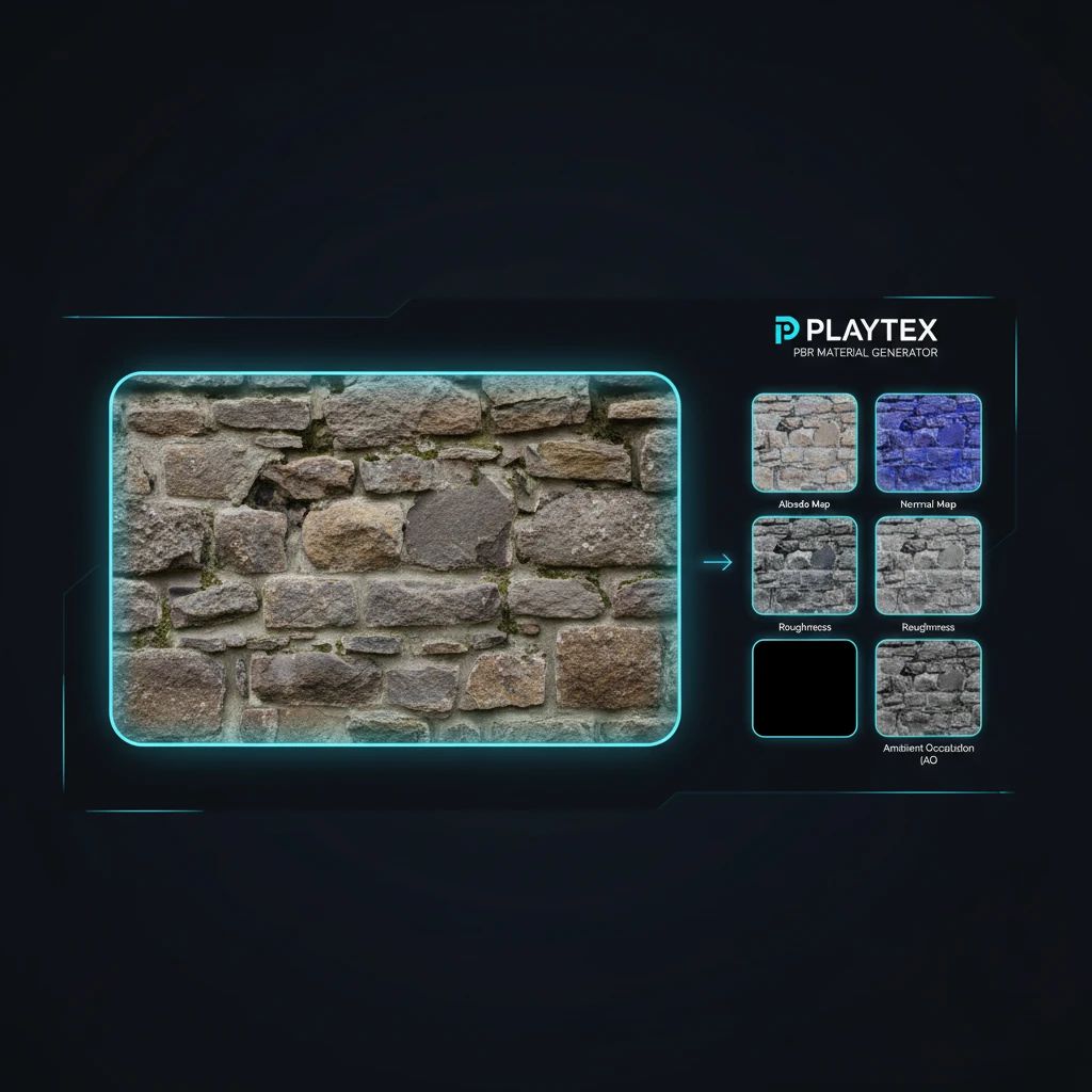 A split screen showing a raw input image on one side and the corresponding AI-generated PBR material maps (albedo, normal, roughness) on the other, demonstrating the transformation.