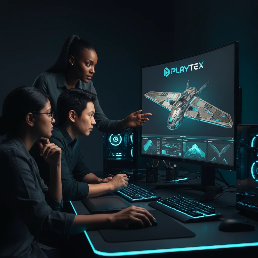A game development team collaborating around a screen displaying the PLAYTEX 3D material preview, inspecting an AI-generated PBR texture on a complex 3D asset.