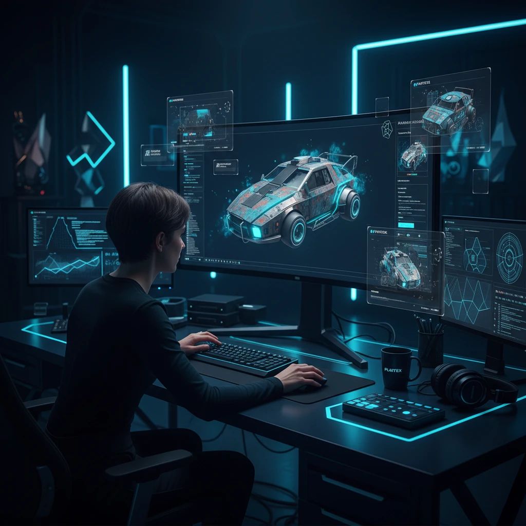 A 3D artist working on a futuristic workstation, using an AI texture generator to apply PBR materials to a complex 3D model on a large monitor.