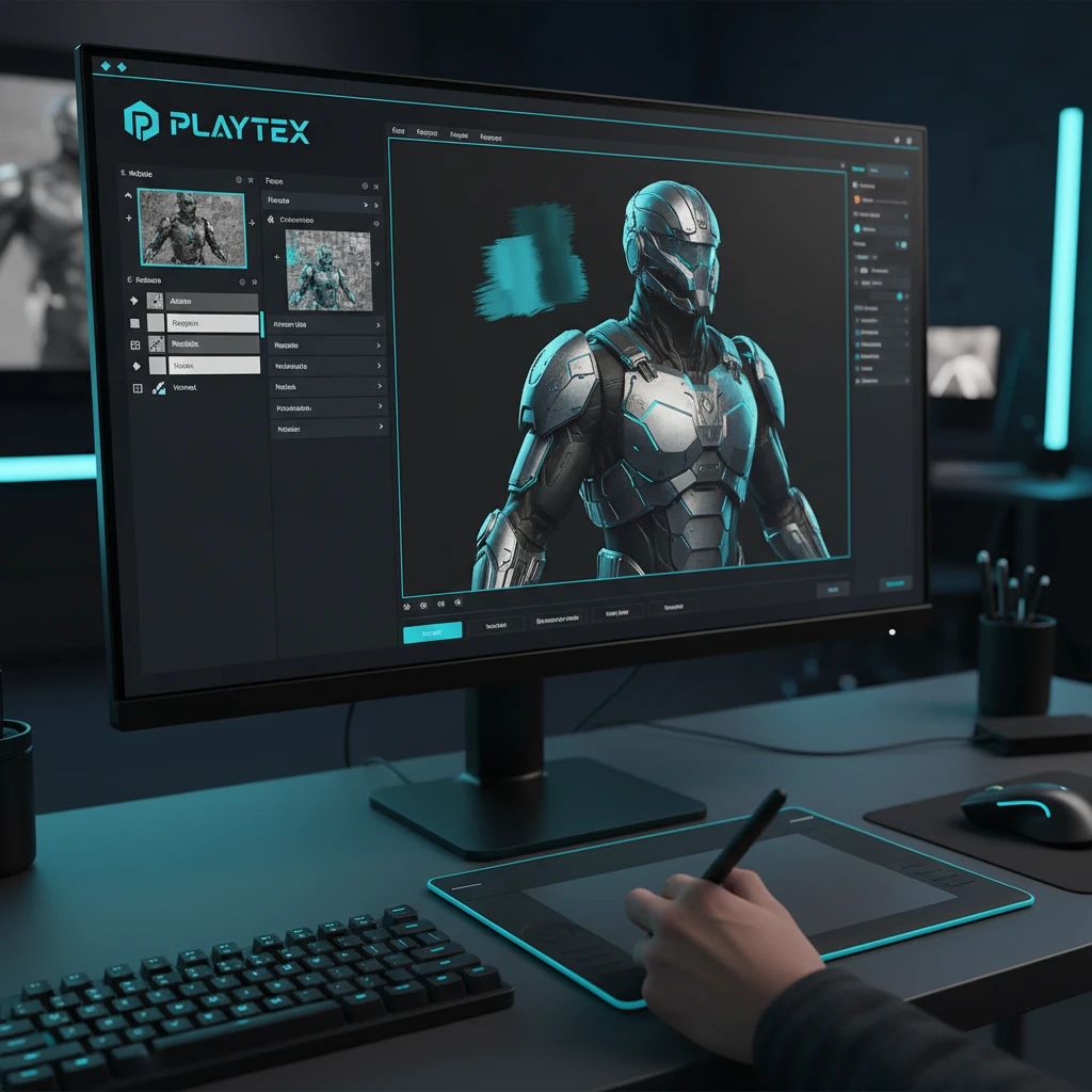 An artist meticulously texturing a detailed 3D character model in Substance Painter, showcasing its advanced layering and brush tools.