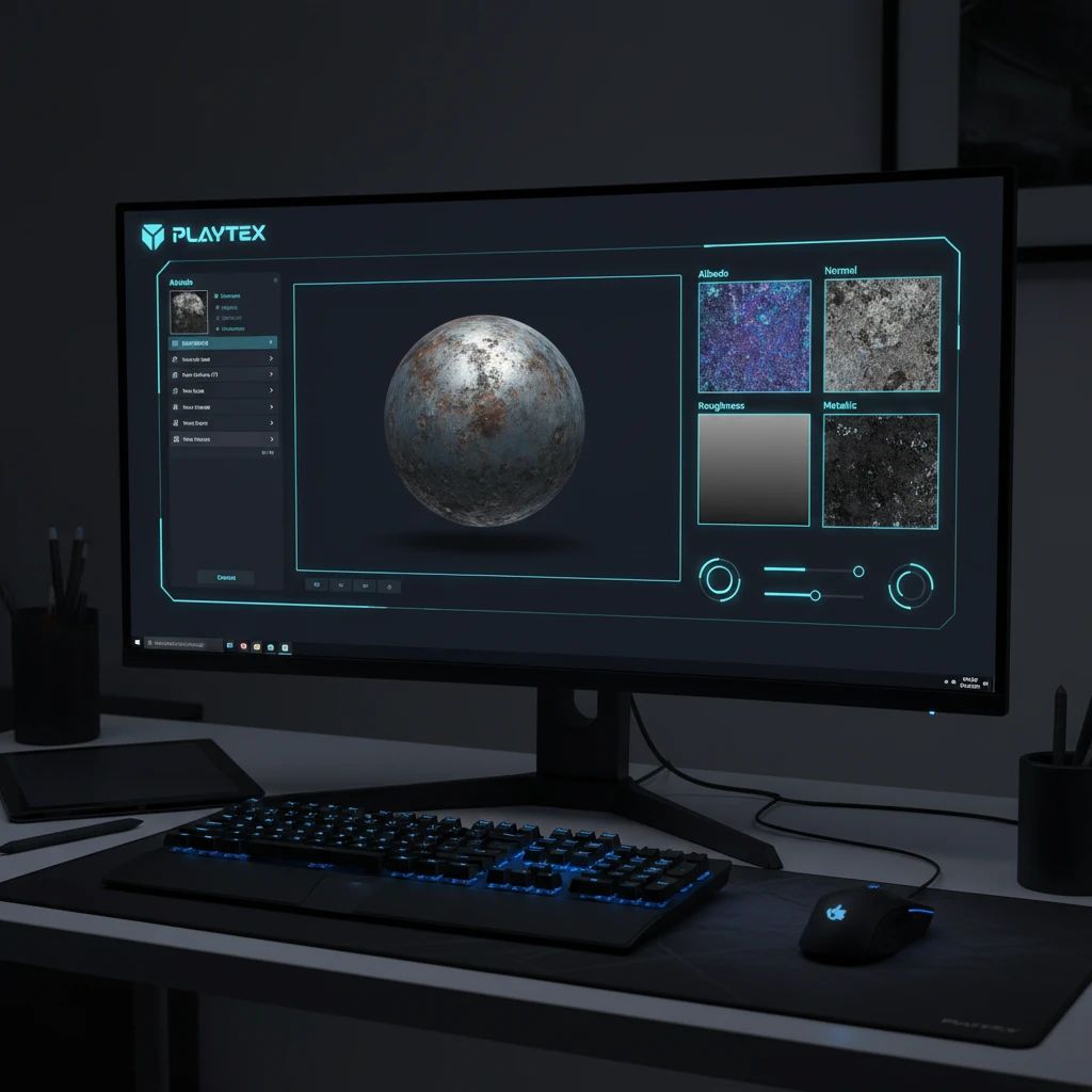 A user interface of PLAYTEX showing a generated PBR material set with Albedo, Normal, Roughness, and Metallic maps, alongside a 3D preview of the material on a sphere.