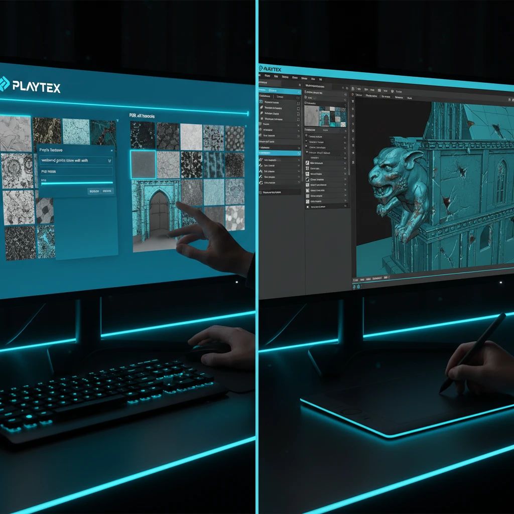 Split-screen view: AI texture generator rapidly creating a base material on one side, and Substance Painter refining a specific detail on a 3D model on the other, illustrating a complementary workflow.