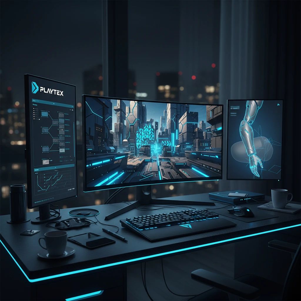 A game developer's desk at night, with a monitor showing a 3D environment being textured, blending AI texture generation and detailed 3D painting workflows.