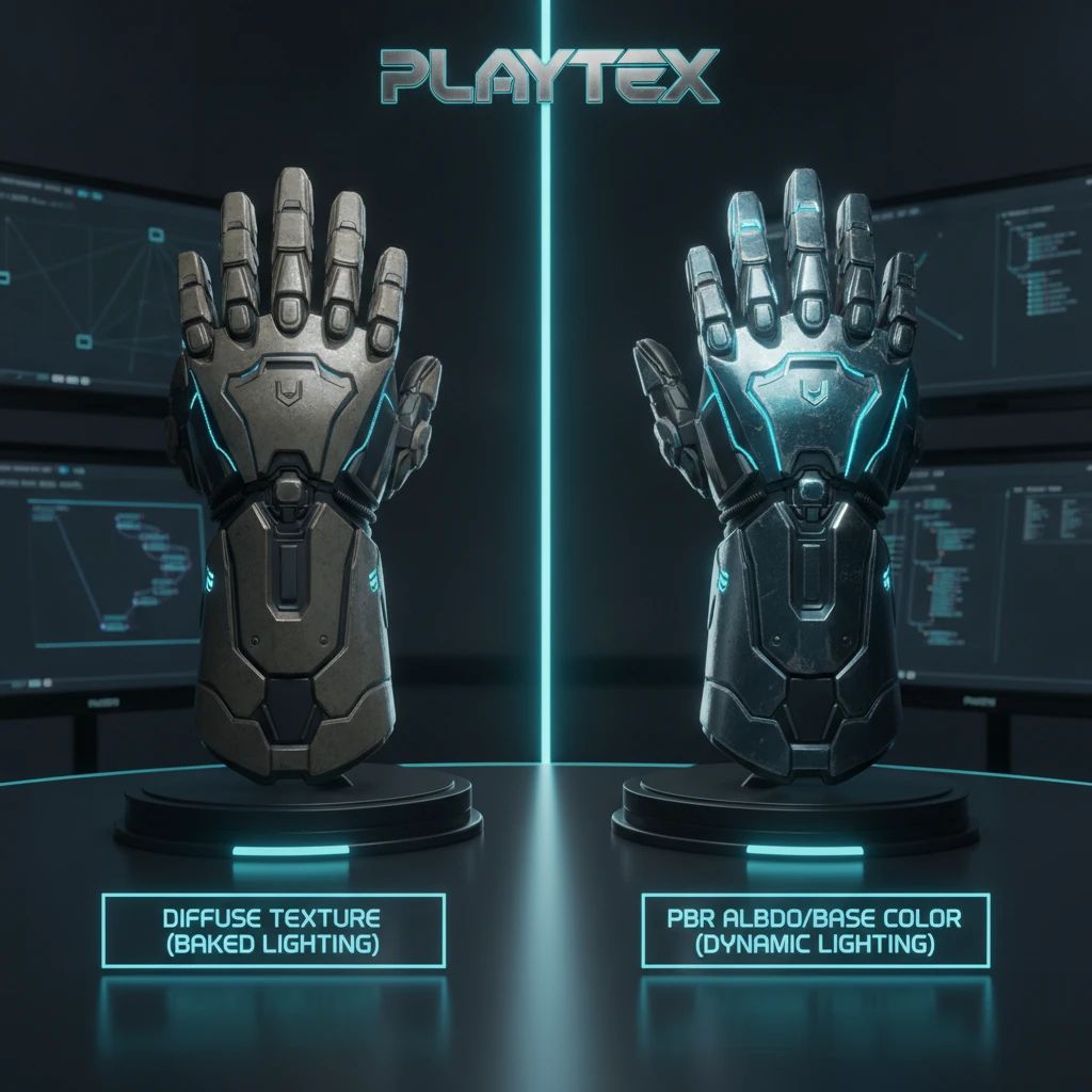 A side-by-side comparison illustrating a 3D model with a legacy diffuse texture versus the same model with a PBR albedo/base color texture, highlighting the difference in lighting response.
