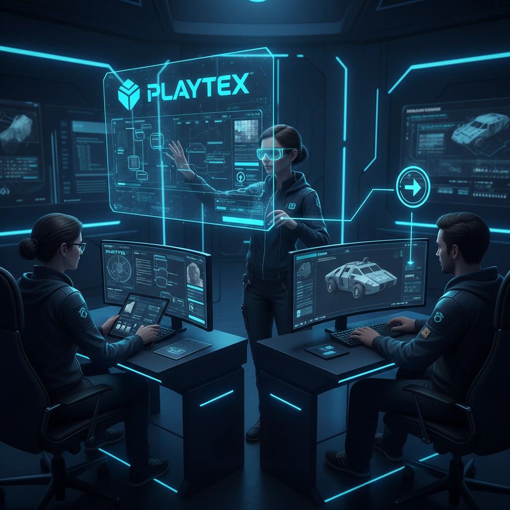 A stylized representation of a game development team collaborating around a holographic display showing PLAYTEX AI interface, with PBR materials being generated and exported to game engines.