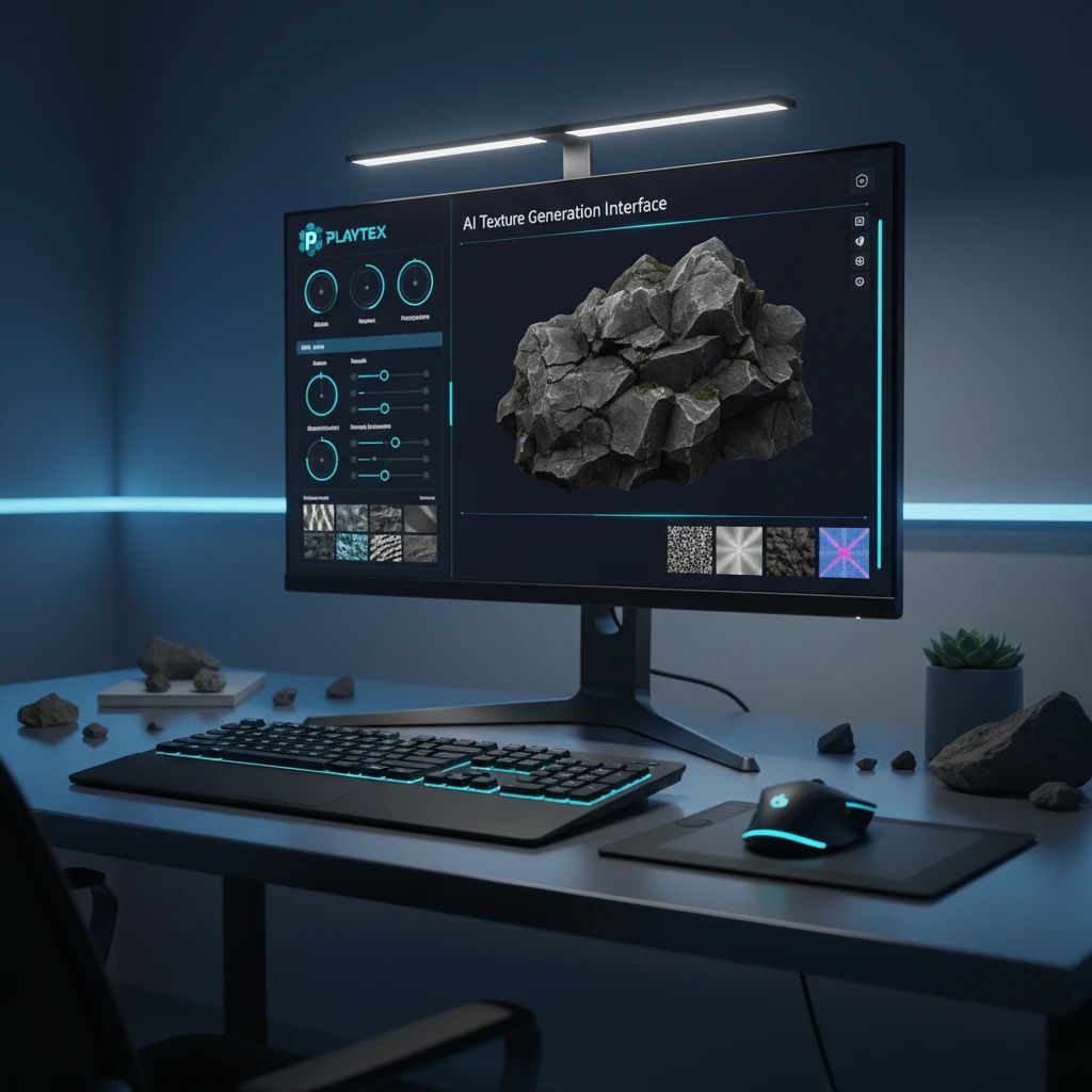 A digital workstation displaying PLAYTEX AI texture generation interface, with a 3D model on the right showcasing a generated PBR material and various map sliders on the left.