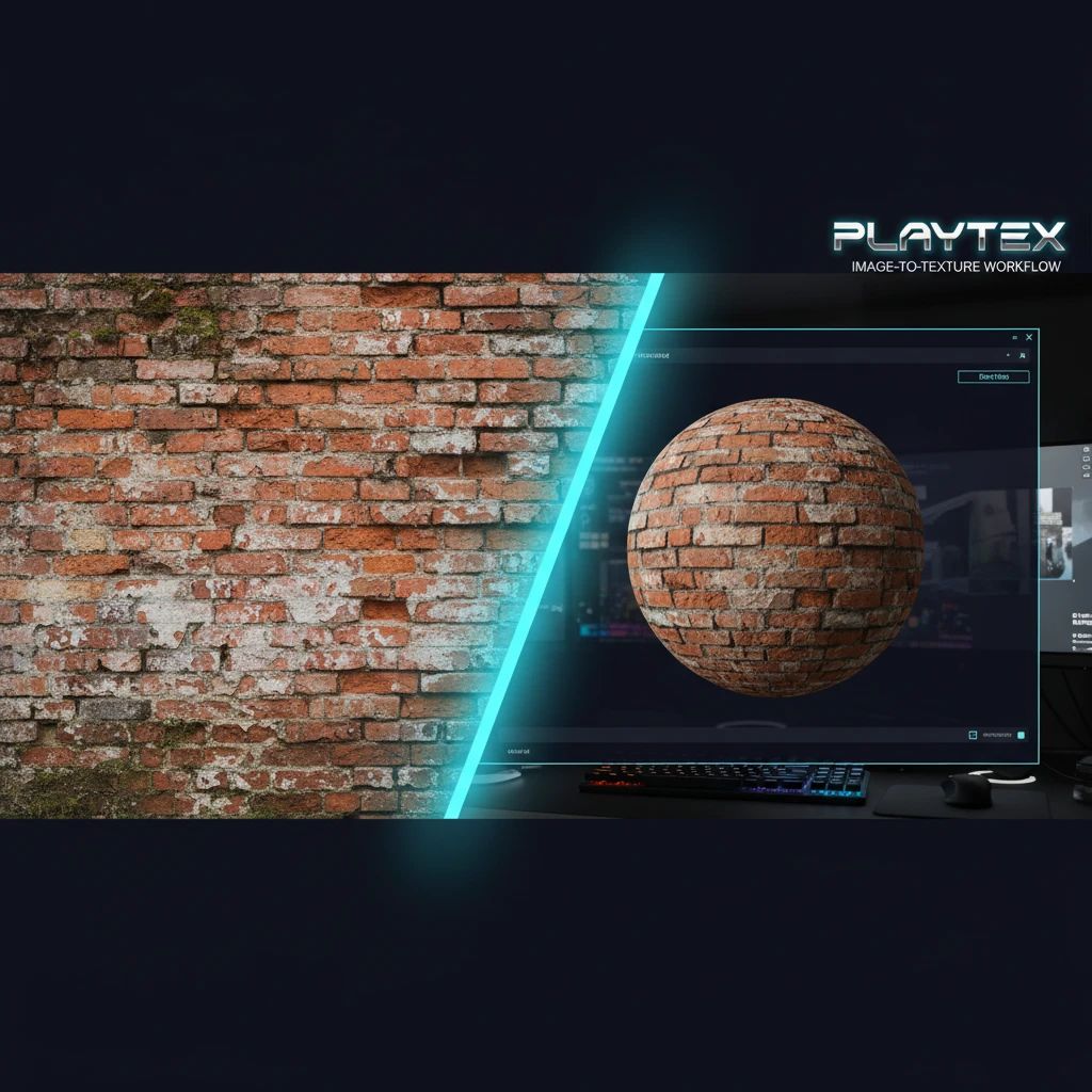 Split-screen showing a real-world photo of a brick wall on the left and an AI-generated PBR brick texture on a 3D sphere on the right.