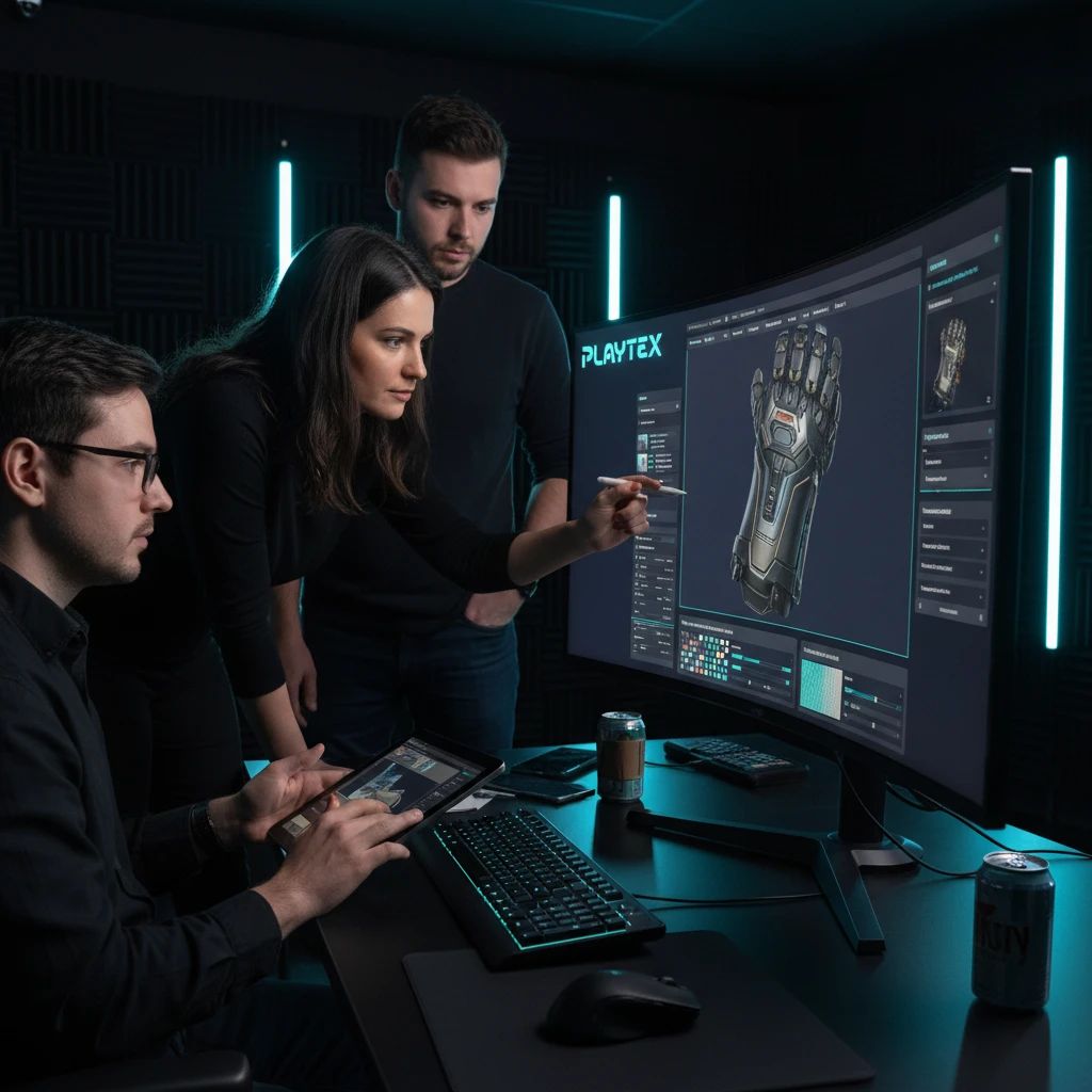 A team of game developers collaborating, reviewing a 3D material preview on a large screen, inspecting PBR texture outputs.