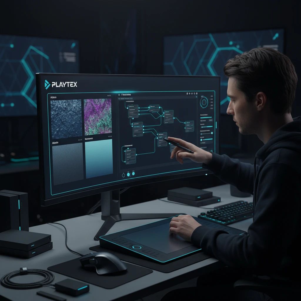 A 3D artist using an AI texture generator interface to refine PBR material maps for a game asset, showing various texture channels like albedo, normal, and roughness.