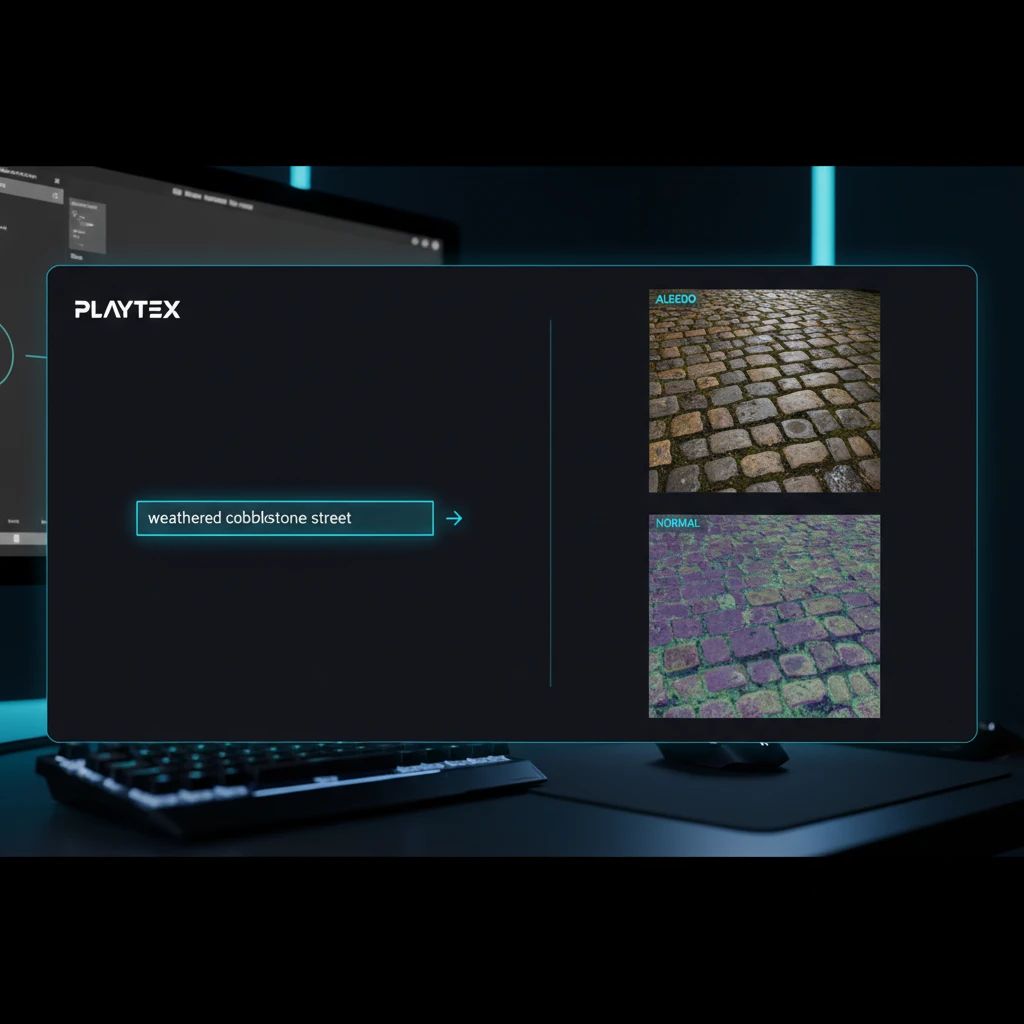 A side-by-side comparison of a text prompt input and the resulting PBR material generated by an AI texture tool, showcasing different maps like normal and albedo.