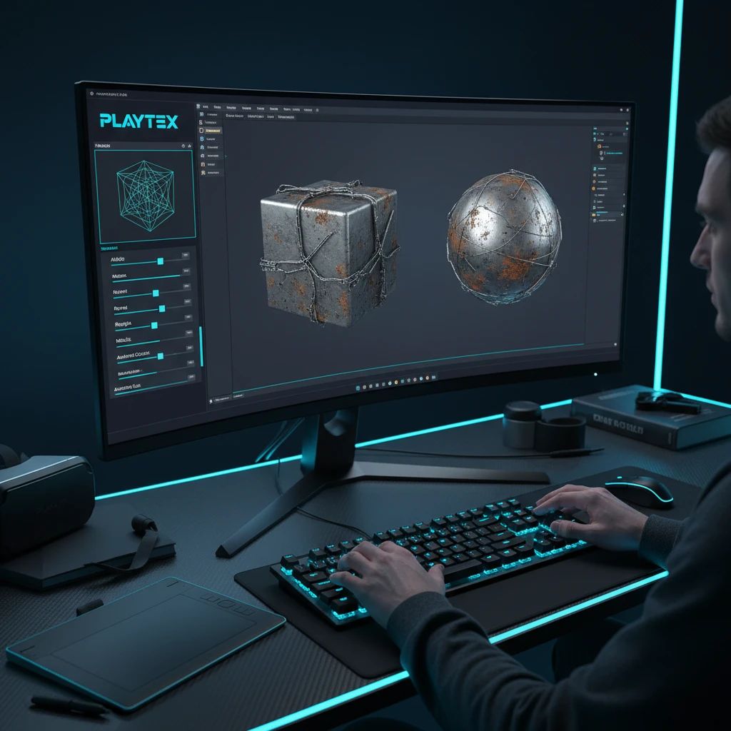A game developer reviewing a seamless PBR material in a game engine viewport, with a focus on how the AI-generated textures look on a 3D model in real-time.