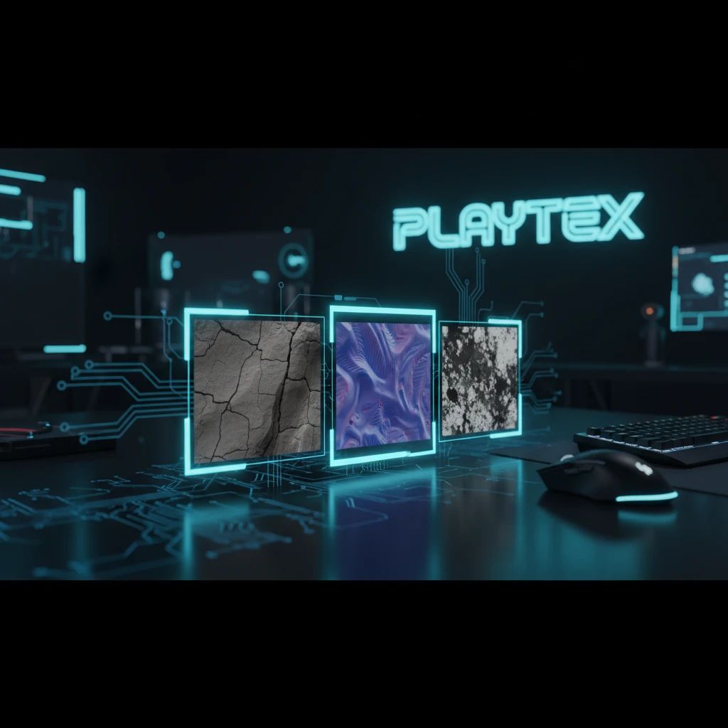 High-tech interface displaying AI-generated PBR texture maps for game development, with PLAYTEX branding.