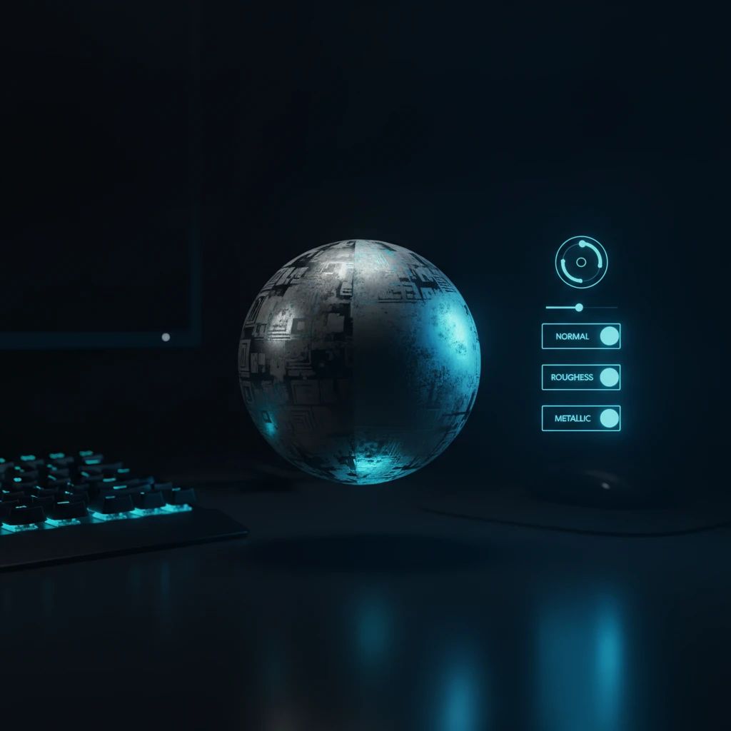 3D preview of a textured sphere with PBR maps applied, showing lighting and material response.