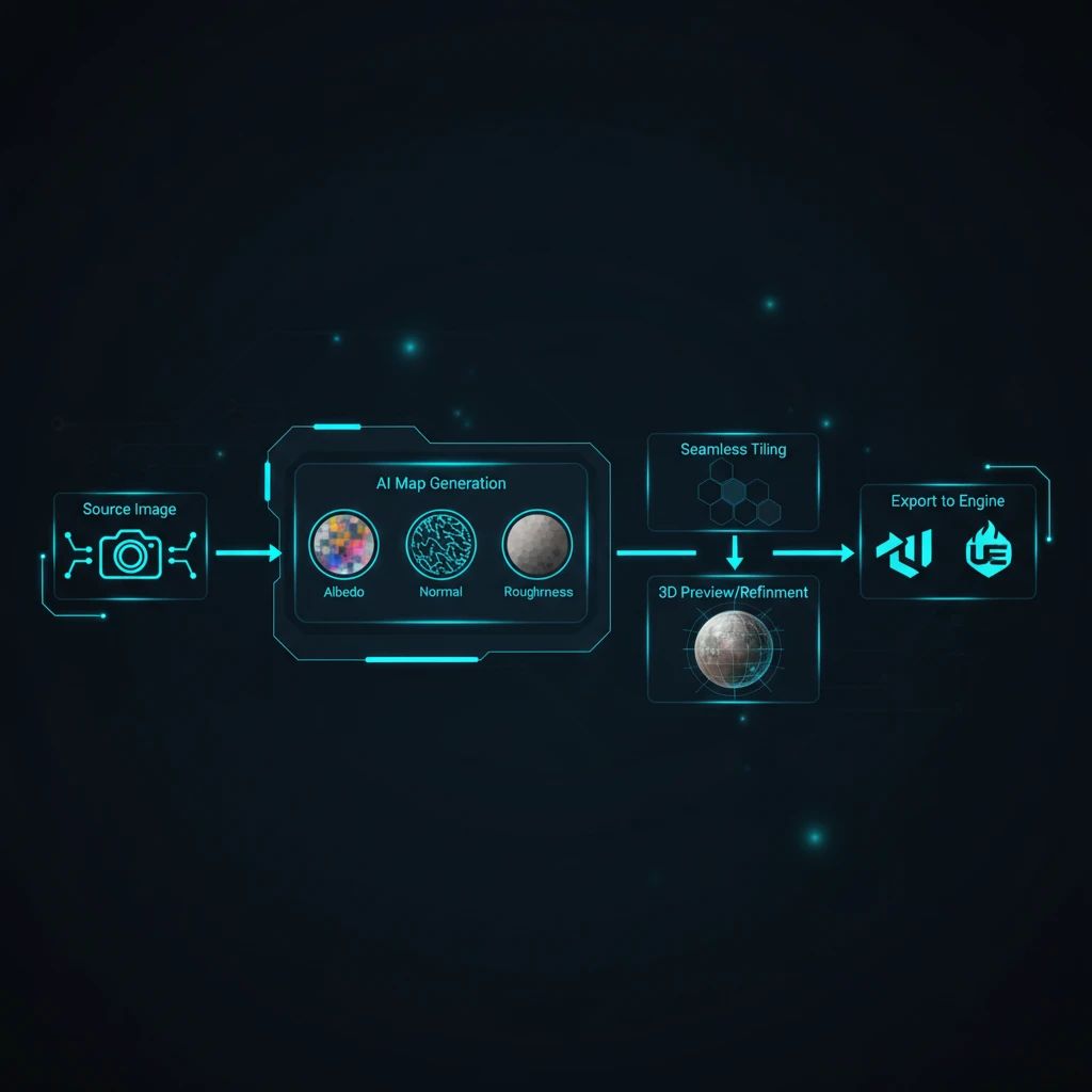 Diagram illustrating the full image-to-PBR texture workflow from source to engine.