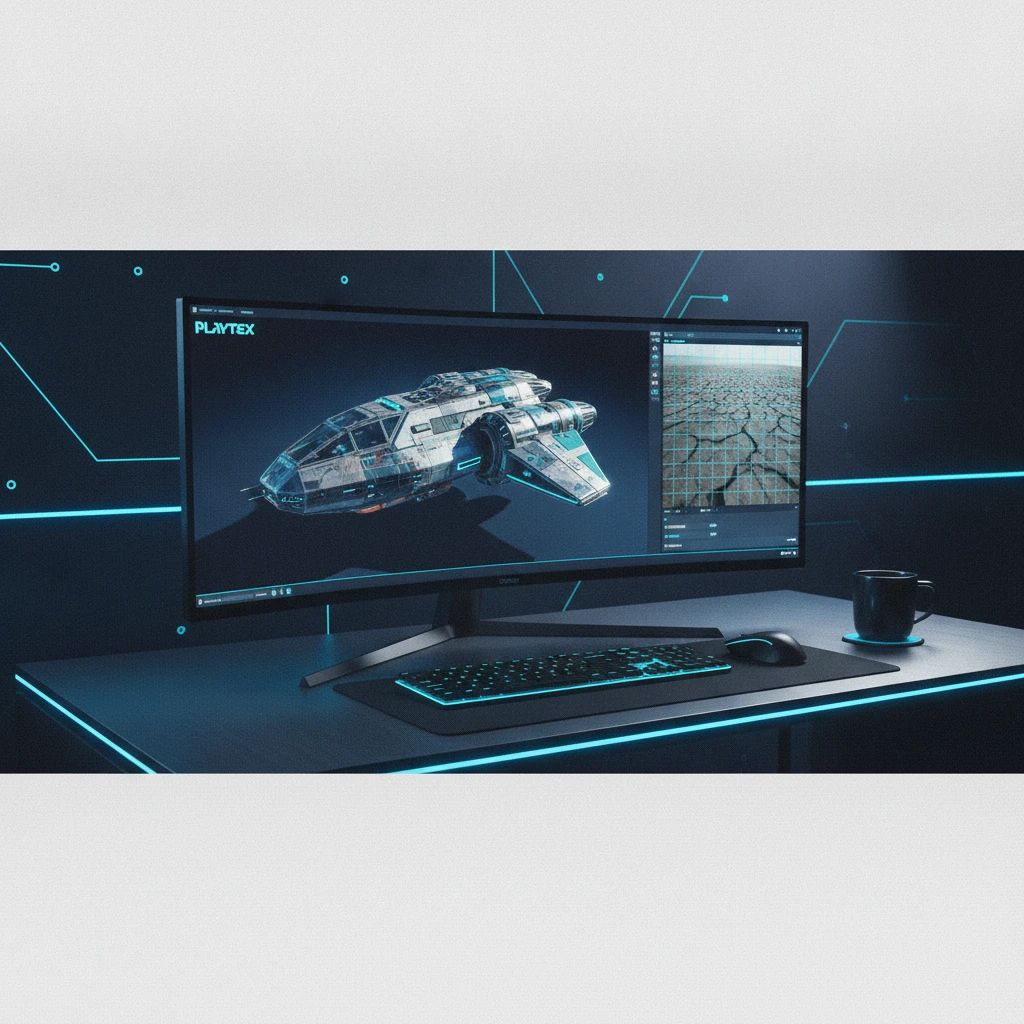 Game developer's workstation showing a 3D model with PBR textures on screen, and an image-to-texture conversion tool interface.