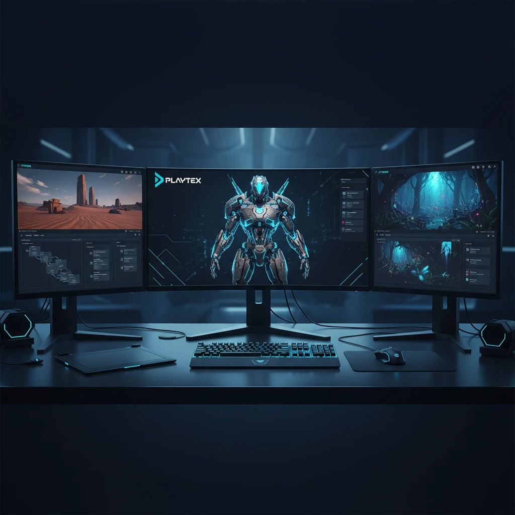 A futuristic workstation displaying PLAYTEX software generating emission maps for a glowing 3D game asset.