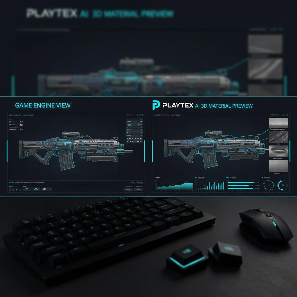 Comparison of a 3D model in a game engine versus PLAYTEX AI's 3D Material Preview, highlighting visual consistency.