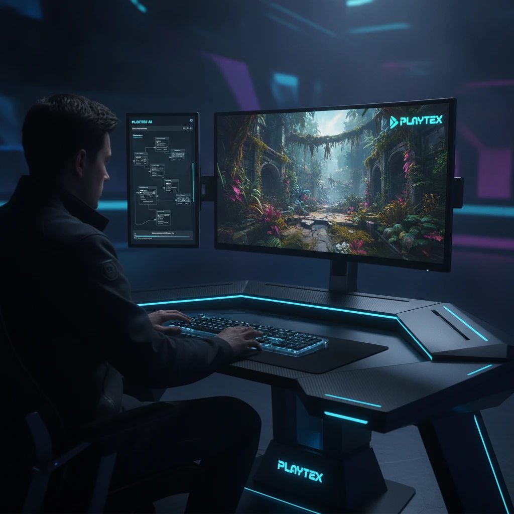A game developer creating PBR textures for a futuristic game environment using the PLAYTEX AI platform on a multi-monitor setup.