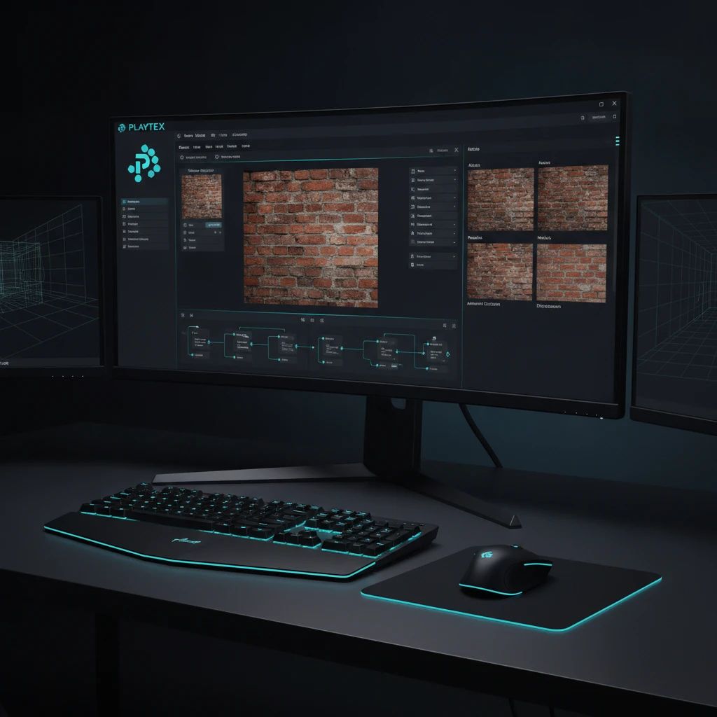 A digital workstation showing PLAYTEX AI Image to Texture Generator interface, converting a photo of a brick wall into a seamless PBR material with various map outputs displayed.
