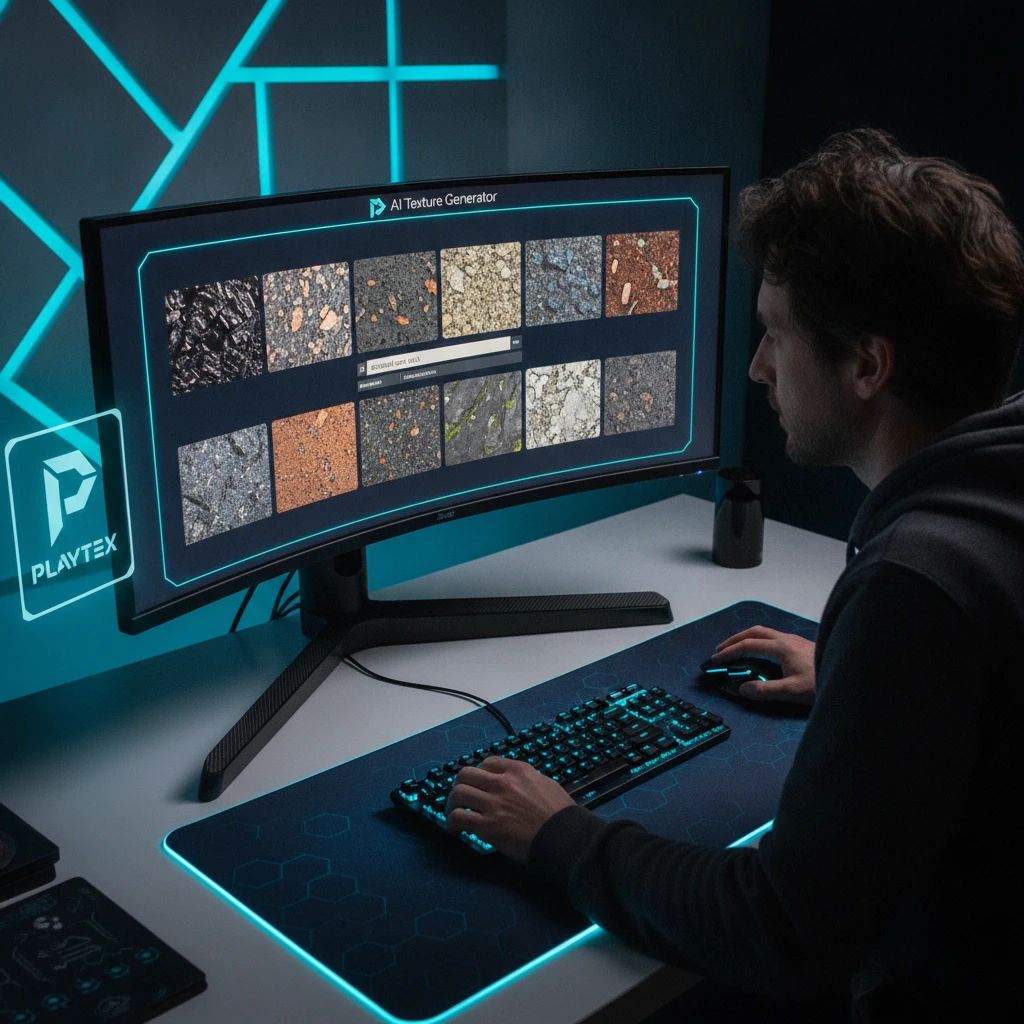 A creative artist using the PLAYTEX AI Texture Generator, typing a text prompt like "ancient volcanic rock" and seeing various seamless texture options generated in real-time.