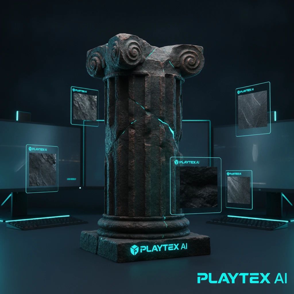 A 3D model of a game asset, perhaps a weathered pillar, rendered in a real-time engine with high-quality PBR materials generated by PLAYTEX AI, showcasing realistic lighting and surface detail.
