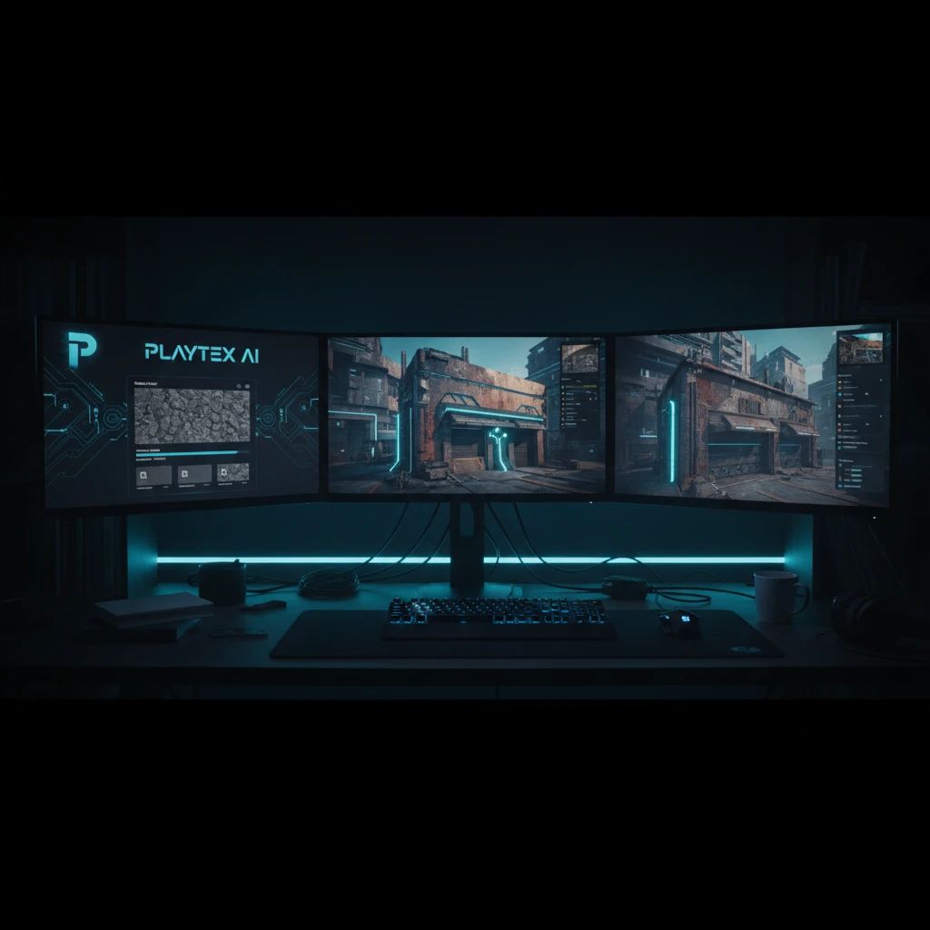 A game developer's desk with multiple screens showing a 3D game environment and the PLAYTEX AI interface for seamless texture generation.