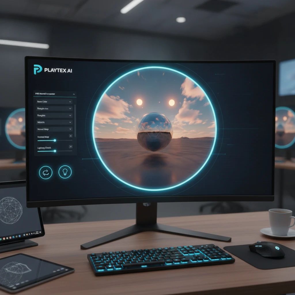 A 3D preview of a generated skybox within the PLAYTEX AI platform, showing a seamless environment.