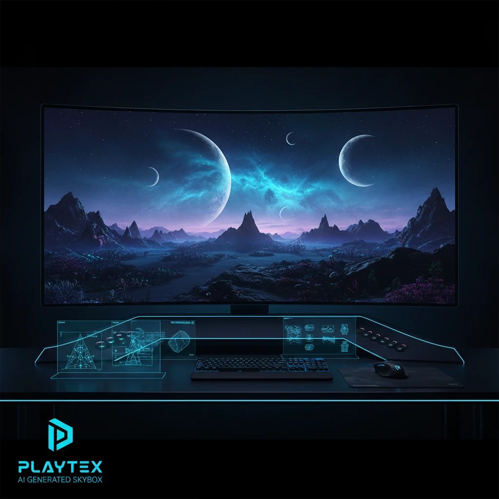 A vast, detailed alien skybox generated by PLAYTEX AI, seamlessly integrated into a game environment, showcasing realistic lighting and atmospheric effects.
