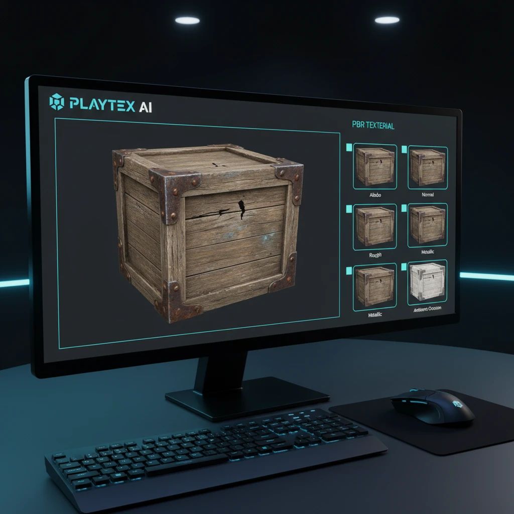3D model in a game engine viewport displaying a high-quality, AI-generated PBR material