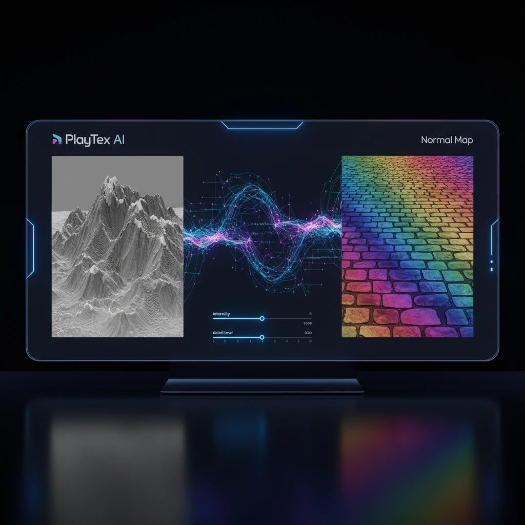 PlayTex AI interface demonstrating the process of generating a deterministic normal map from an input image with adjustable parameters.