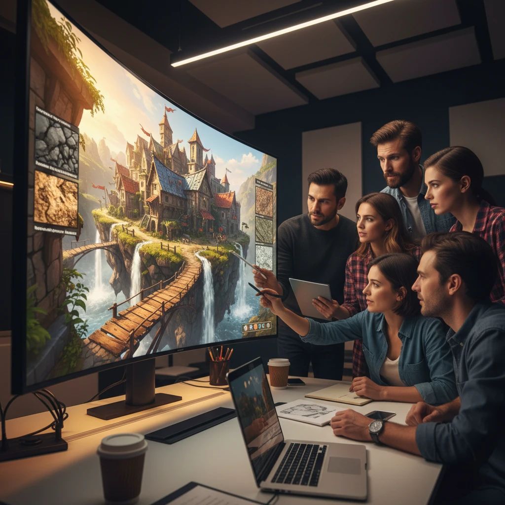 A game development team reviewing a scene, where consistent PBR materials contribute to a polished and unified visual experience across all assets.