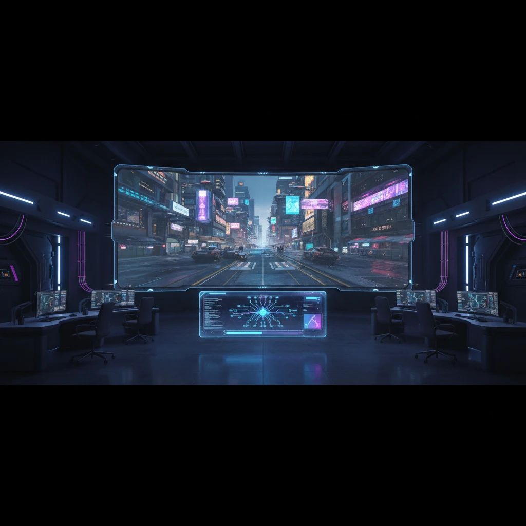 Futuristic game studio with holographic display showing a 3D environment with consistent PBR materials, symbolizing advanced deterministic workflows.