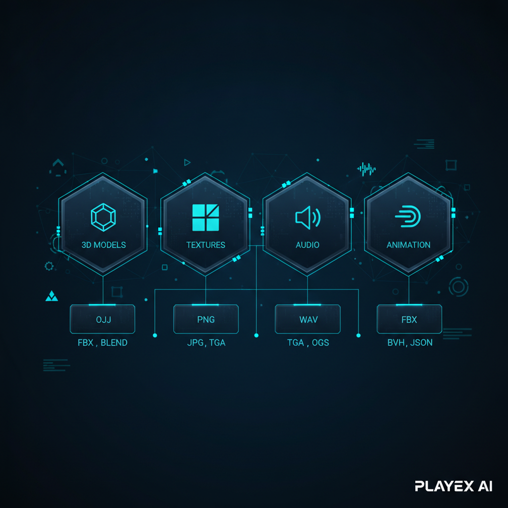 Infographic illustrating various game asset categories like 3D models, textures, audio, and animation, with common file types listed under each.