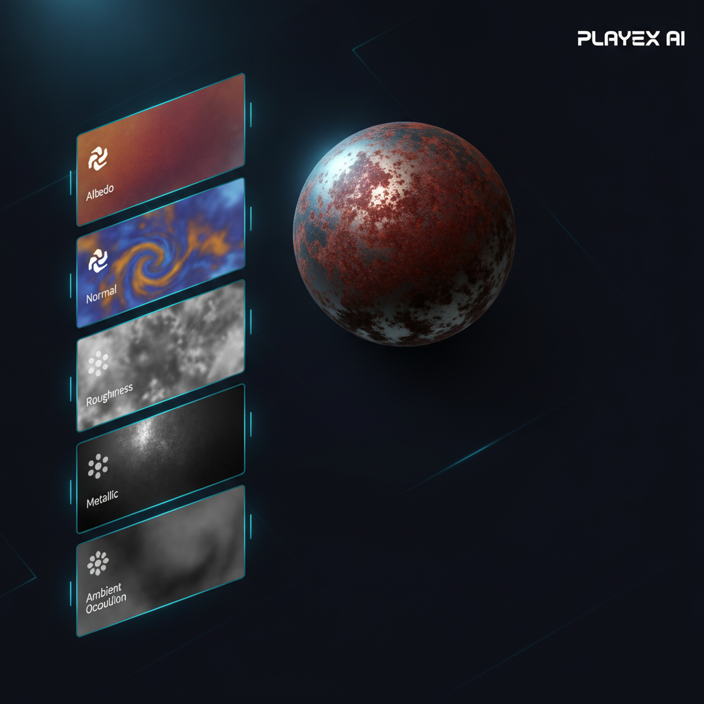 A PBR material stack showing Albedo, Normal, Roughness, Metallic, and Ambient Occlusion maps for a rusty metal, with a 3D sphere previewing the final textured surface.