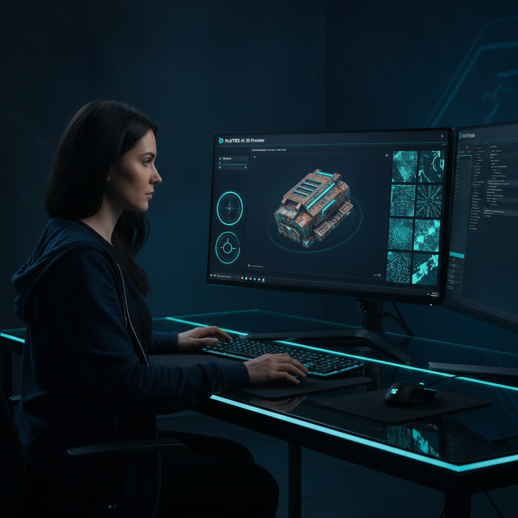 A game developer using PLAYTEX AI's 3D preview to inspect a PBR material on a 3D model, checking for tiling, normal response, and roughness before export.