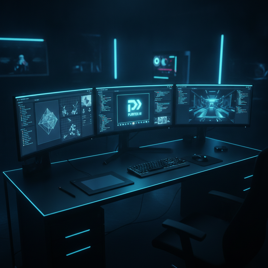 A game developer's workstation displaying various game development file types, including 3D models and PBR texture maps, on multiple screens, highlighting the complexity and creativity of asset management.
