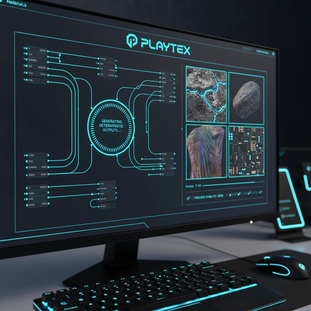 A digital interface showing a PBR material being generated with clear, consistent outputs, emphasizing deterministic processing.