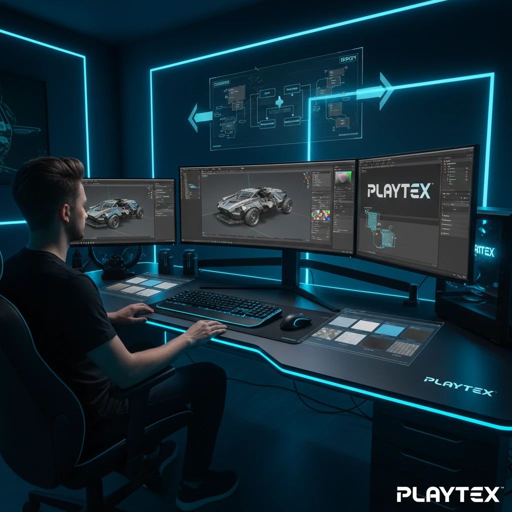 A game artist working on a 3D model with various PBR maps applied, showcasing a streamlined workflow from concept to engine-ready asset.