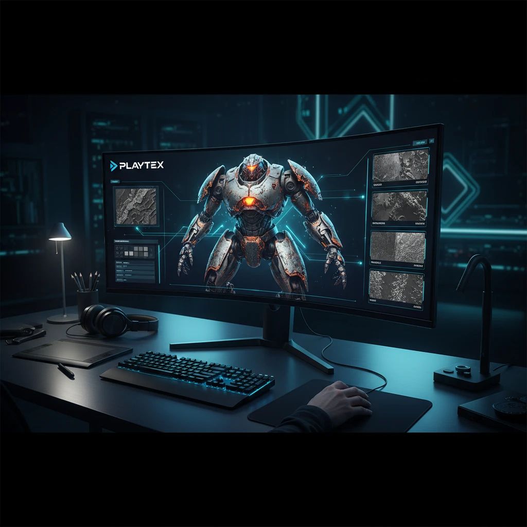 A game developer's workstation showcasing a 3D scene with high-fidelity PBR materials and a PLAYTEX-like interface for efficient map generation.