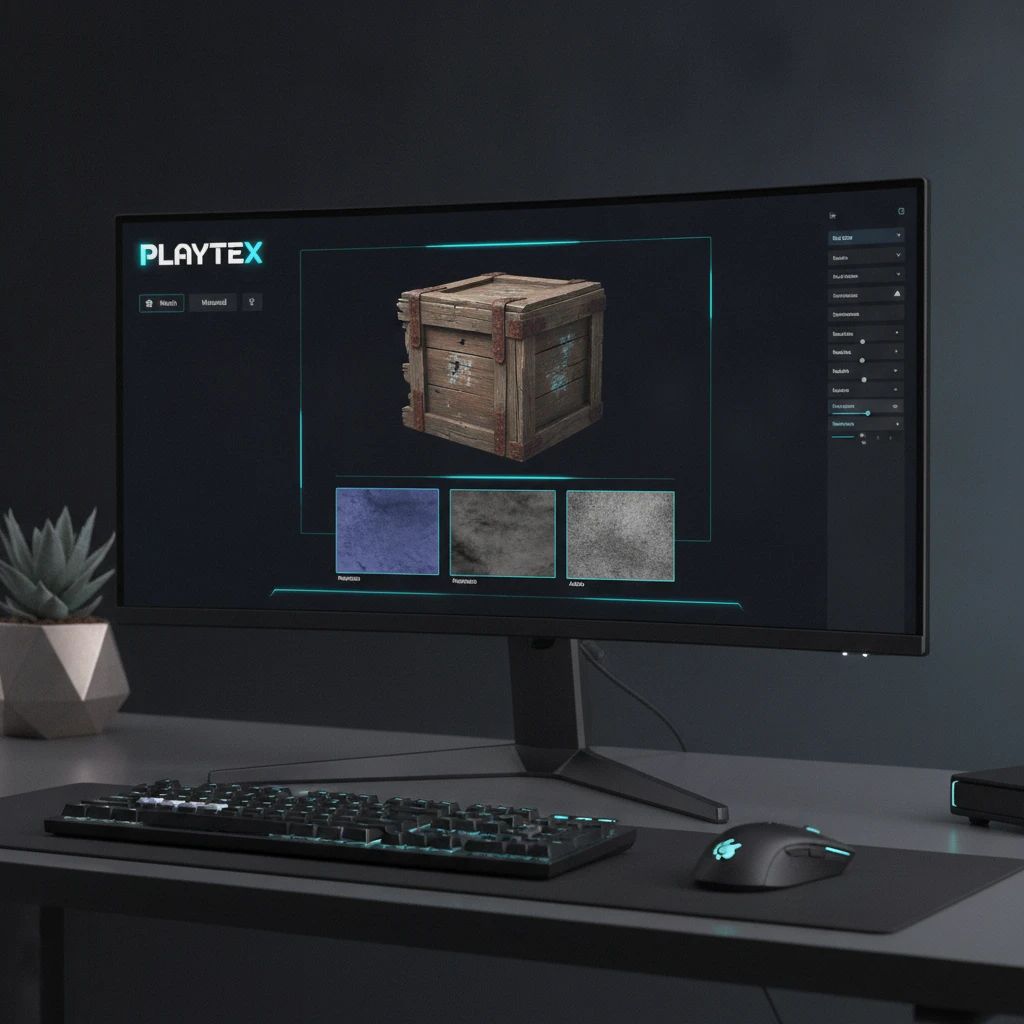 A 3D model of a weathered wooden crate displayed in a real-time PBR material previewer, showing detailed normal, roughness, and albedo maps under studio lighting.