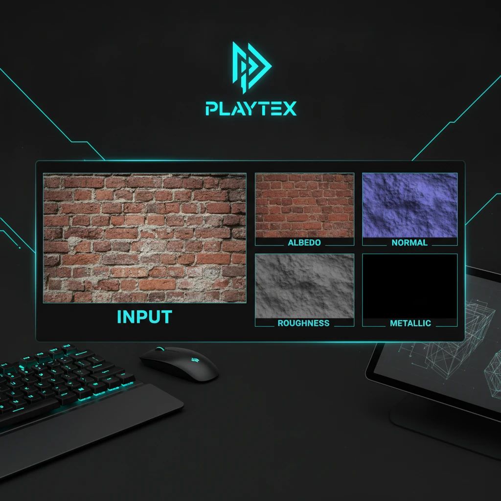 A split screen showing a raw input image on the left and a generated set of PBR maps (Albedo, Normal, Roughness, Metallic) on the right, demonstrating the image-to-PBR workflow in PLAYTEX AI.