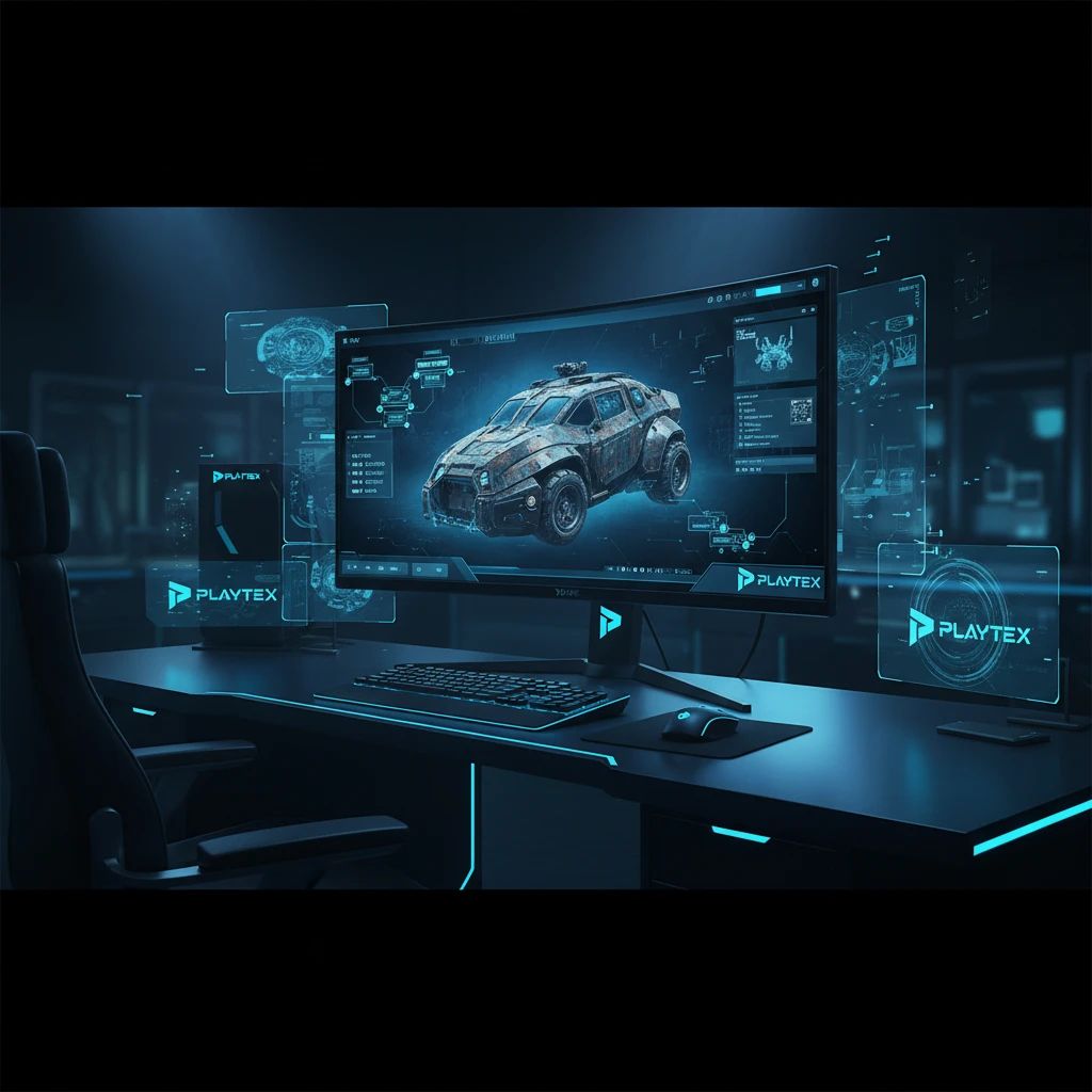 A futuristic game development workstation showcasing a 3D asset with PBR textures being rapidly generated on a PLAYTEX-like interface, surrounded by holographic data.