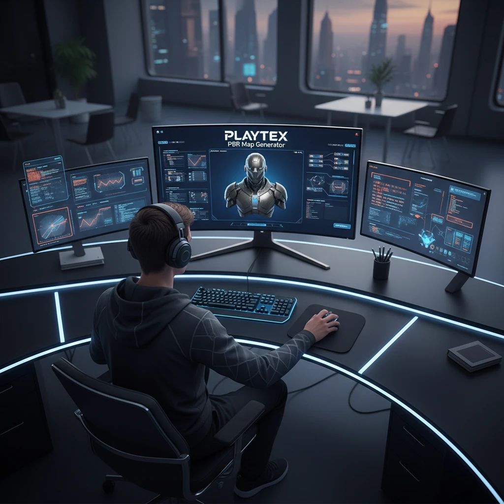 Game developer using the PLAYTEX PBR Map Generator on a dark-themed workstation, creating realistic PBR materials for a 3D game asset.