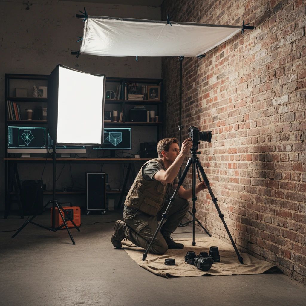 A game developer meticulously photographing a brick wall texture with a professional camera, tripod, and diffuse lighting setup to ensure even illumination and high-quality capture.