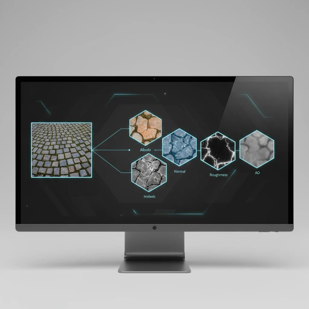 A digital interface displaying a source image on one side, with multiple generated PBR maps (Albedo, Normal, Roughness, Metallic, AO) fanning out from it, illustrating the transformation process.