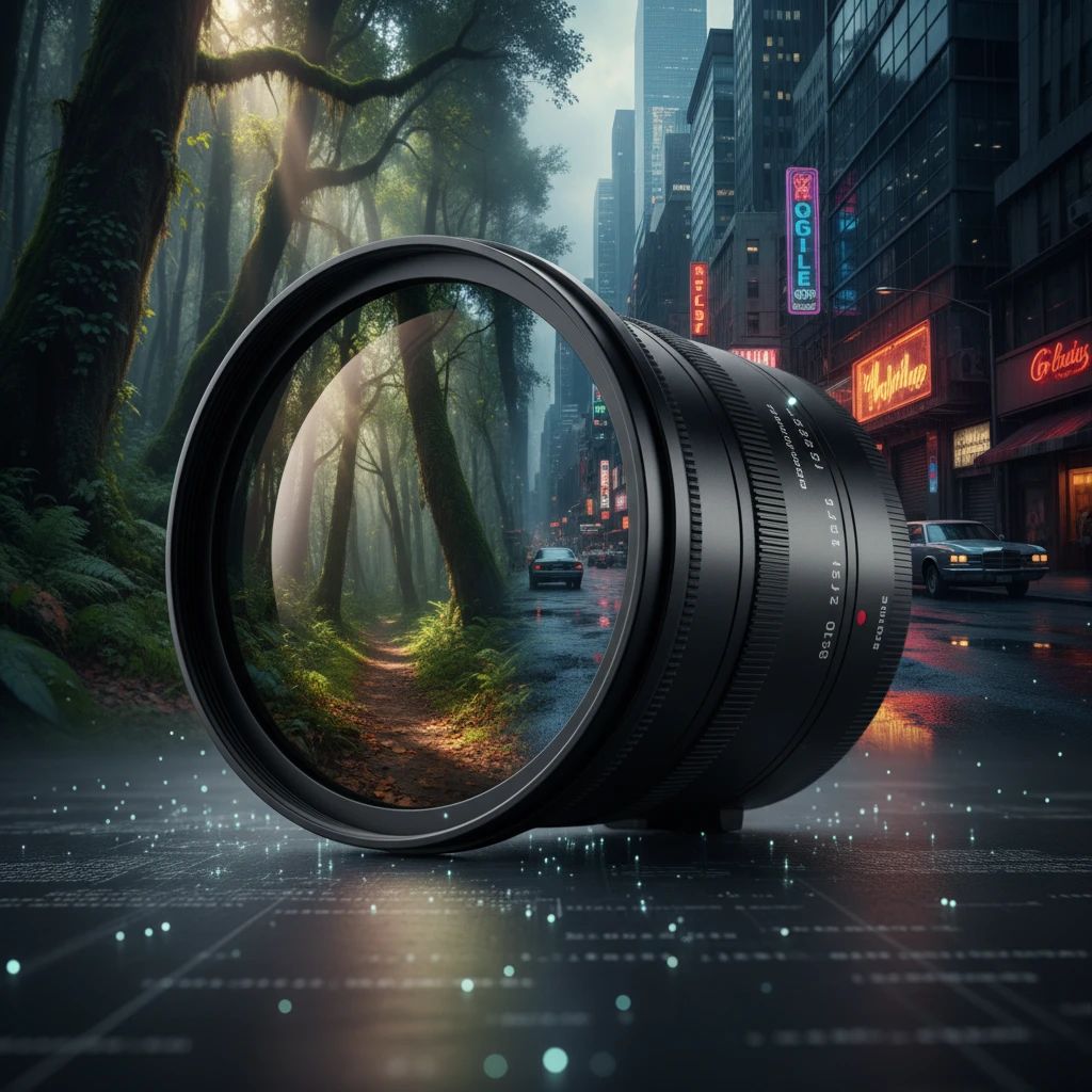 A camera lens reflecting a photorealistic 3D game environment, symbolizing the transformation from real-world photos to game textures.