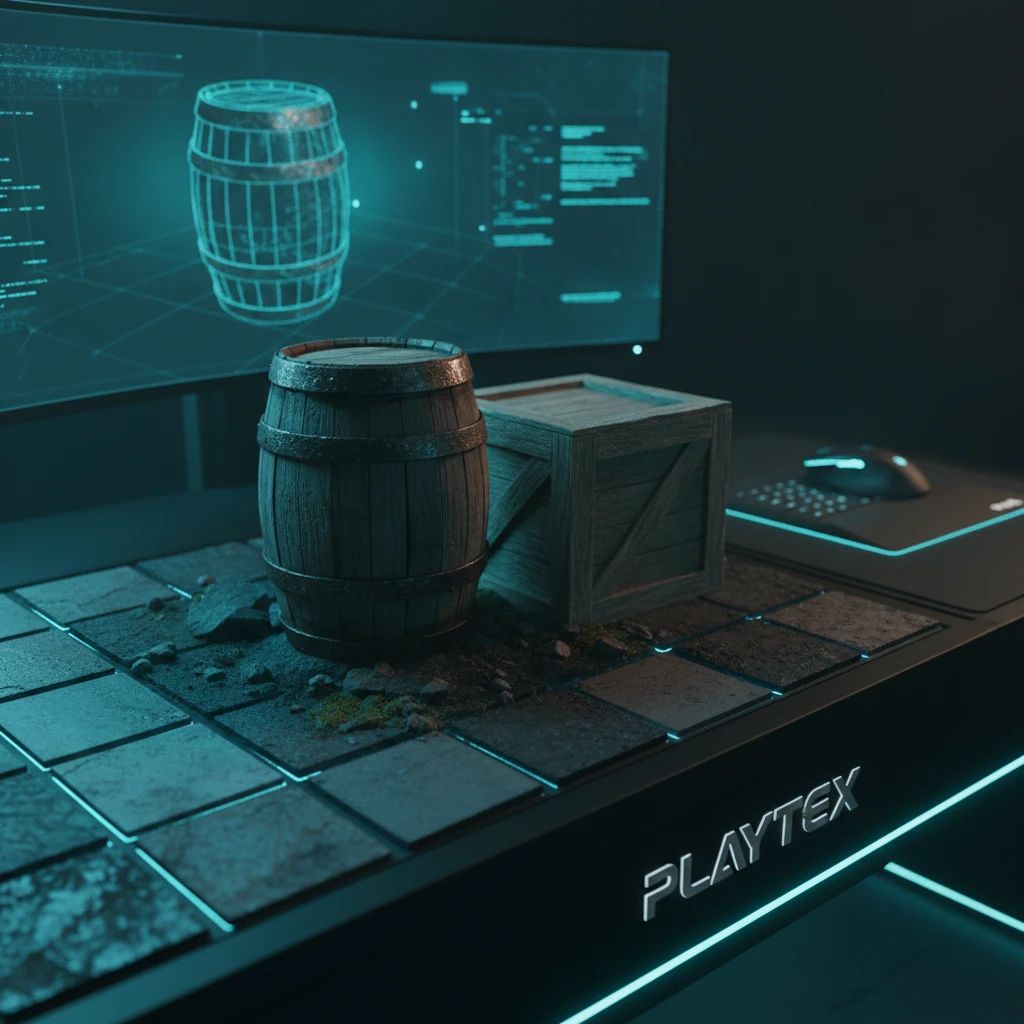A 3D model of a game asset, such as a weathered wooden crate, rendered with high-quality PBR textures in a game engine environment, showcasing realistic lighting and material interaction.