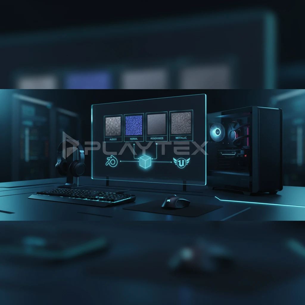 A PBR texture set routed into Blender, Unity, and Unreal Engine material inputs